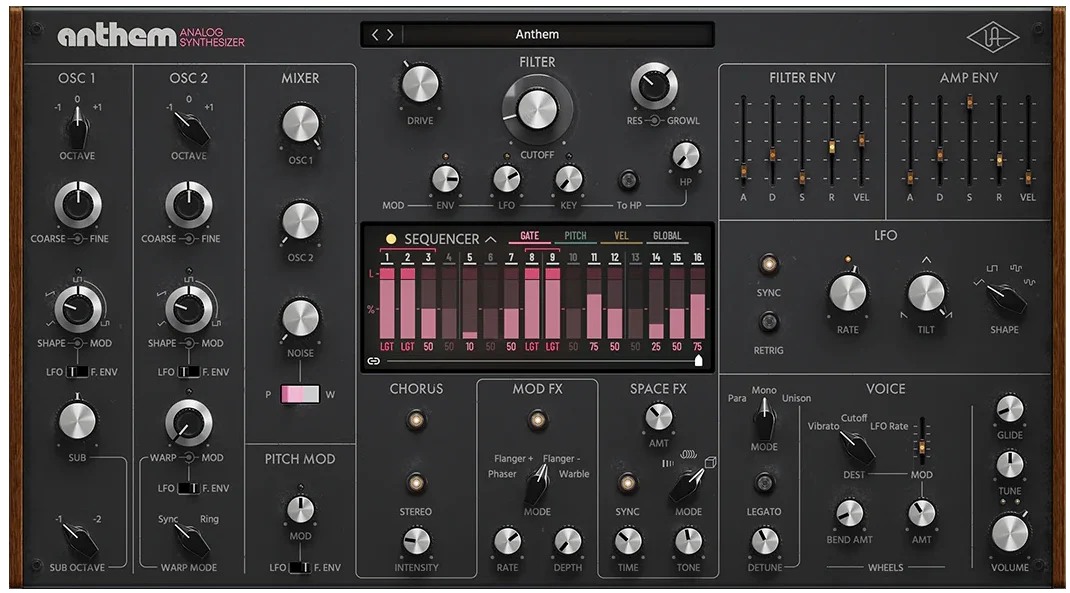 Universal Audio「Anthem Analog Synthesizer」8分音符リフから激烈アシッドベースライン・進化するジェネラティブサウンドスケープまで!レイヤーや複雑なプラグインチェーン不要で極太ベース・パンチ力抜群のリードサウンドを生成するアナログモデリングシンセ|DTMプラグインセール