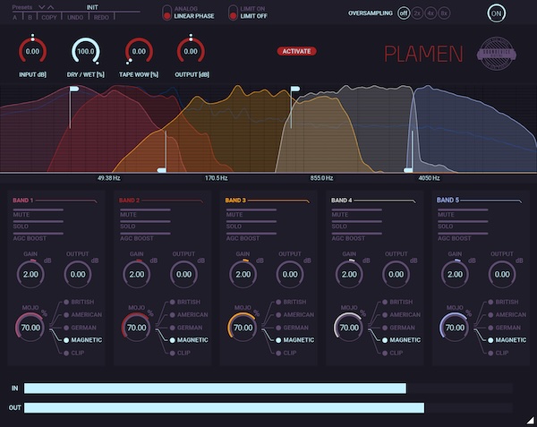 United Plugins「Plamen」従来のサチュレーション技術では不可能な質感創造!5バンド独立処理×5種類サチュレーション・タイプ×パラレル・ミックス対応で実現する「炎」のように音を温めるマルチバンド・サチュレーション|DTMプラグインセール