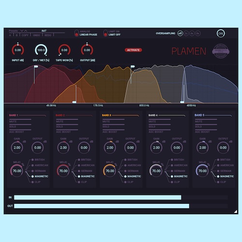 United Plugins「Plamen」従来のサチュレーション技術では不可能な質感創造!5バンド独立処理×5種類サチュレーション・タイプ×パラレル・ミックス対応で実現する「炎」のように音を温めるマルチバンド・サチュレーション|DTMプラグインセール