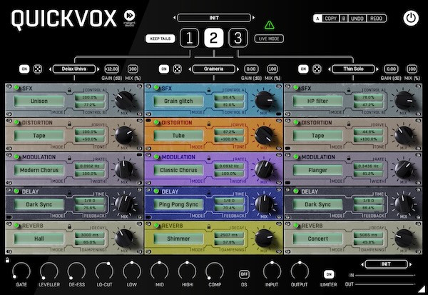 United Plugins「QuickVox」ヴァース・コーラス・イントロを瞬時に切り替えできるボーカリスト待望の究極ツール!3つの独立ラック×5エフェクトモジュールで瞬間切り替え可能なボーカル専用マルチエフェクト|DTMプラグインセール
