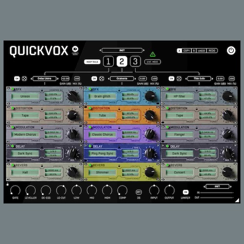 United Plugins「QuickVox」ヴァース・コーラス・イントロを瞬時に切り替えできるボーカリスト待望の究極ツール!3つの独立ラック×5エフェクトモジュールで瞬間切り替え可能なボーカル専用マルチエフェクト|DTMプラグインセール