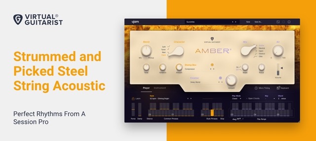 Ujam「AMBER 2」初心者でも数千時間の練習を積んだセッション・プロの感覚で演奏!山小屋で響くスチール・ストリング・アコースティック・ギターの温かなサウンドを完全再現した、30スタイル×350フレーズを収録した究極のセッション・プロ・バーチャル・ギタリスト|DTMプラグインセール