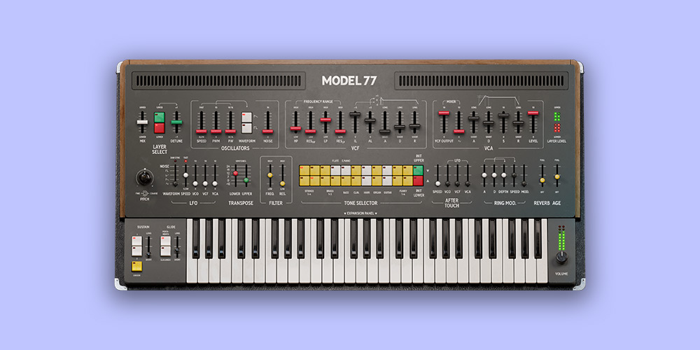 Softube「Model 77 Dual Layer Synth」80年代黄金期を彩った伝説的日本製シンセサイザー3機種を一つに集約!オリジナル・ファクトリー・プリセット完全収録し、直感的操作性を実現した万能シンセ|DTMプラグインセール