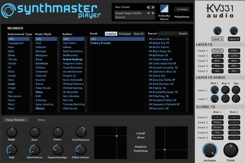 KV331 Audio「SynthMaster Player」音作りが苦手でも大丈夫!シンセ初心者でも、2000プリセットで“今すぐ使える”プロ級サウンドが手に入る、プリセット特化の軽量高音質シンセ|DTMプラグインセール