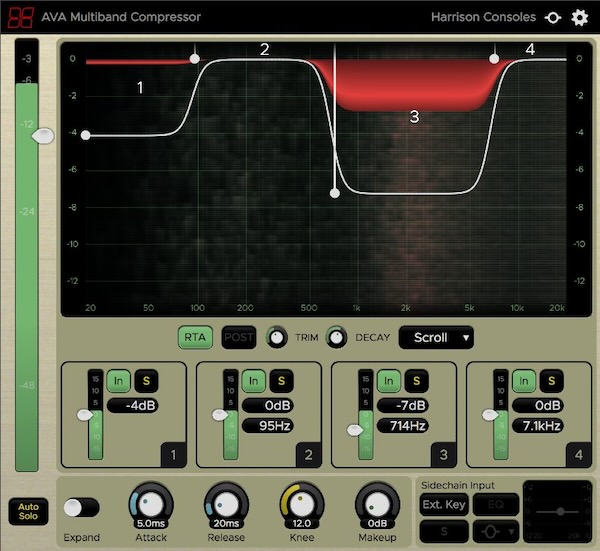 Harrison Consoles「AVA Multiband Compressor」従来の複雑操作を一掃!数十個の繊細なコントロールを排除し、問題周波数の特定と補正量選択だけで完了する、楽器本来のキャラクターを保持しながら自然なサウンドを実現する次世代マルチバンドコンプレッサー|DTMプラグインセール