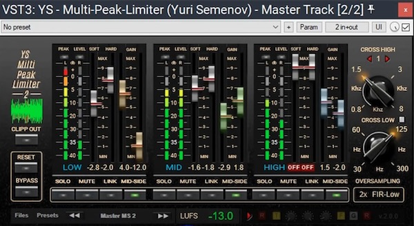 Yuri Semenov「YS - Multi Peak Limiter v2.0.0」低域の密度をしっかり保ちながら高域のクリアさもキープ、しかも突発的なピークは完全ブロック!ミキシングとマスタリングに安心と高音質を与えるリミッター|DTMプラグインセール