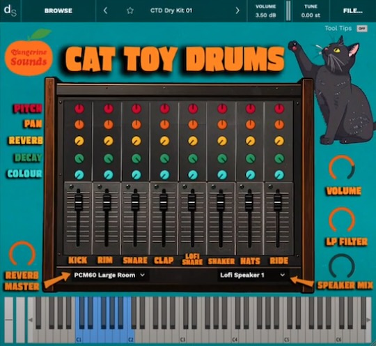 Tangerine Sounds「Cat Toy Drums Free Edition」Lo-Fi・Chill-hop・ダウンテンポ向けのユニークなバーチャル楽器!猫のおもちゃ・フードボウル・生活音をサンプリングした唯一無二のLo-Fiドラム音源|DTMプラグインセール