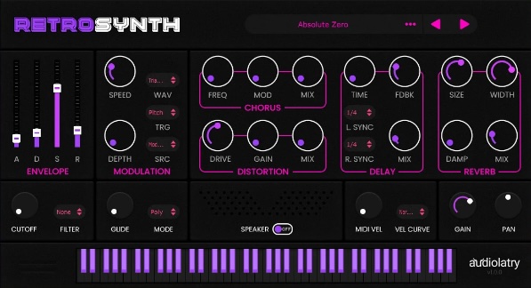 audiolatry「RetroSynth」87種類のマルチサンプルサウンドを搭載!フィルター・ADSR・LFO・内蔵エフェクトを直感的に操作でき、初心者でも思い通りのレトロサウンドに仕上げられる頼れるシンセ|DTMプラグインセール