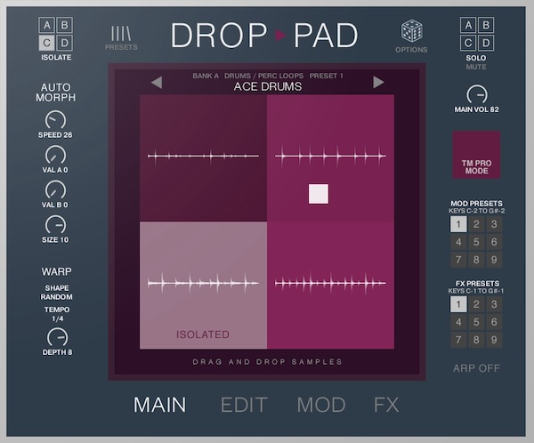 Loot Audio「Drop Pad 3」直感的なドラッグ&ドロップ操作でサンプルを自在に変形・ワープするKontakt音源！4つのサンプル・スロットとリアルタイム・モーフィング機能、9種類のエフェクト・セットアップが生み出す無限のクリエイティブ・ポテンシャル｜DTMプラグインセール