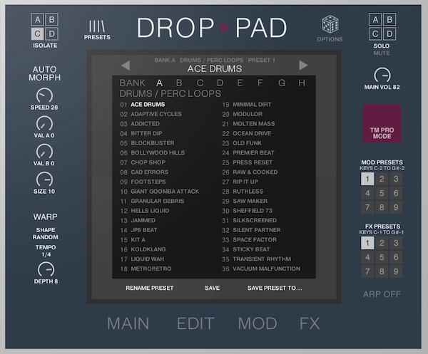 Loot Audio「Drop Pad 3」直感的なドラッグ&ドロップ操作でサンプルを自在に変形・ワープするKontakt音源！4つのサンプル・スロットとリアルタイム・モーフィング機能、9種類のエフェクト・セットアップが生み出す無限のクリエイティブ・ポテンシャル｜DTMプラグインセール
