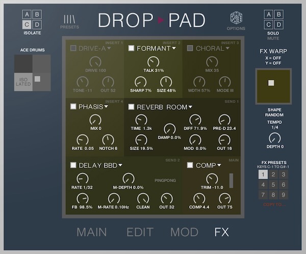 Loot Audio「Drop Pad 3」直感的なドラッグ&ドロップ操作でサンプルを自在に変形・ワープするKontakt音源！4つのサンプル・スロットとリアルタイム・モーフィング機能、9種類のエフェクト・セットアップが生み出す無限のクリエイティブ・ポテンシャル｜DTMプラグインセール