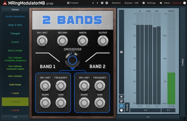 MeldaProduction「MRingModulatorMB」音の完全破壊から穏やかな質感まで自在に制御！6バンド×2オシレーター搭載、ドラムに最適化された超高度リングモジュレーション・エフェクト｜DTMプラグインセール