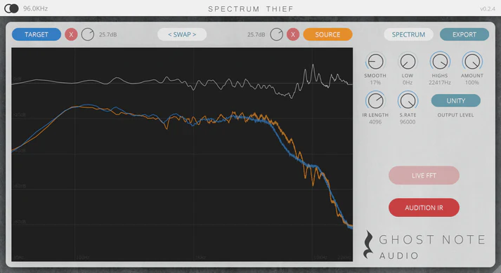 Ghost Note Audio「Spectrum Thief」ギターキャビやミックス全体の音質を完コピできる!EQマッチングとIR書き出しで理想のトーンを簡単に再現できる高機能プラグイン|DTMプラグインセール