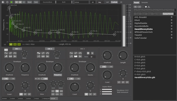 Geonkick「Geonkick synthesizer(basic version)」打楽器シンセの新定番!キック・スネア・ハイハットをゼロから合成して自分だけのドラム音が作れるパーカッシブ・シンセ|DTMプラグインセール