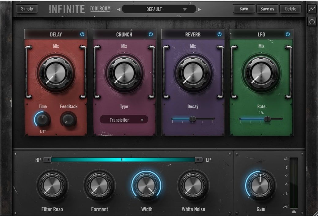 Toolroom「INFINITE」細かなパラメーター調整から解放される革新的ワークフロー！リバーブ、ディレイ、サチュレーション、ホワイトノイズ、フィルタリング、ステレオ幅を瞬時に最適バランスで提供する究極のワンノブ・マルチエフェクト｜DTMプラグインセール