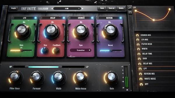 Toolroom「INFINITE」細かなパラメーター調整から解放される革新的ワークフロー！リバーブ、ディレイ、サチュレーション、ホワイトノイズ、フィルタリング、ステレオ幅を瞬時に最適バランスで提供する究極のワンノブ・マルチエフェクト｜DTMプラグインセール