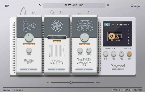 Karanyi Sounds「Playmod」音色だけでなく「態度」まで変えてしまうクレイジーなサウンド変換ツール！6種類の伝説的アナログ・サチュレーション、AI支援リバーブ、テープ・ヴィニール・カセットなど7つのヴィンテージ再生モードを統合したFXプラグイン｜DTMプラグインセール