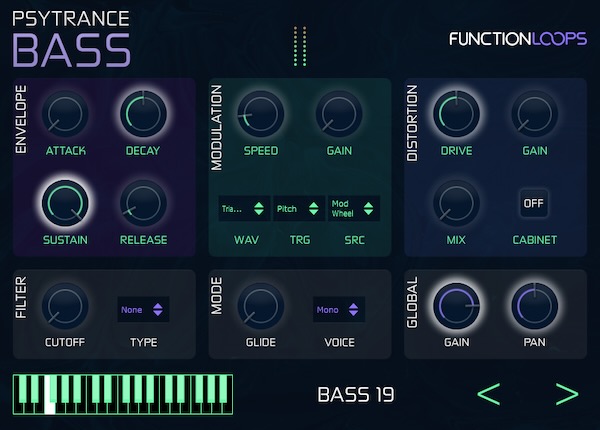 Function Loops「Psytrance Bass」PsytranceやProgressiveに最適な極太ベースを即戦力で！40種類のベースプリセットで即戦力、エフェクト完備、インストールも簡単な最強プラグイン｜DTMプラグインセール