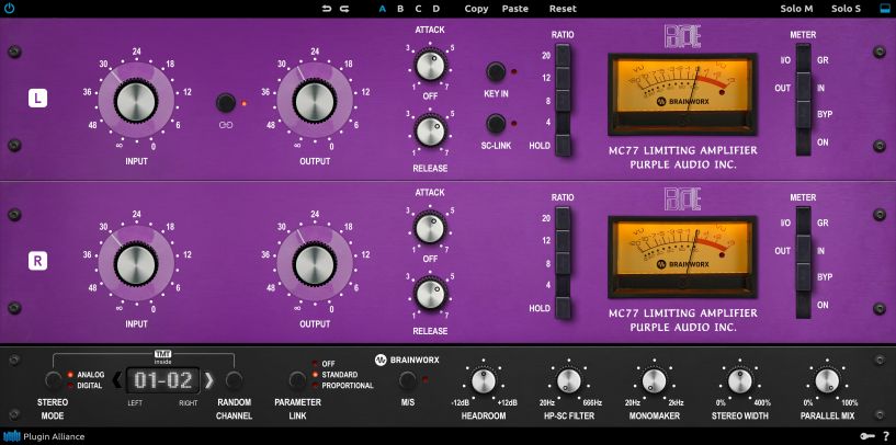 Brainworx「Purple Audio MC77」ベース、キック、ボーカルを劇的に変貌させる！MC77 - 1176伝説のFETコンプレッションを現代に蘇らせた、電光石火のアタックと4つのレシオで透明感からブリックウォールまで自在に操る究極のダイナミクス・プロセッサー｜DTMプラグインセール