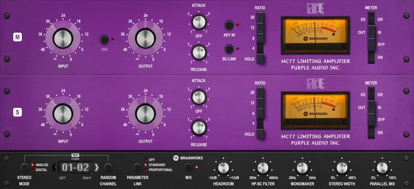 Brainworx「Purple Audio MC77」ベース、キック、ボーカルを劇的に変貌させる！MC77 - 1176伝説のFETコンプレッションを現代に蘇らせた、電光石火のアタックと4つのレシオで透明感からブリックウォールまで自在に操る究極のダイナミクス・プロセッサー｜DTMプラグインセール