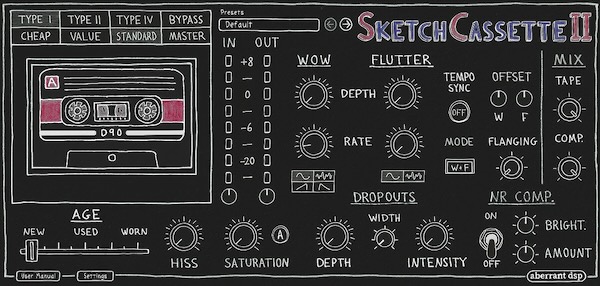Aberrant DSP「SketchCassette II」4トラック・カセットレコーダーから着想を得た究極のローファイ変換器!安価なテープサウンドの全領域を解放し、さらなるローファイ・ウィアードネスへと押し上げる柔軟性とコントロールを提供する、カセット・インスパイアード・デグラデーションの決定版|DTMプラグインセール