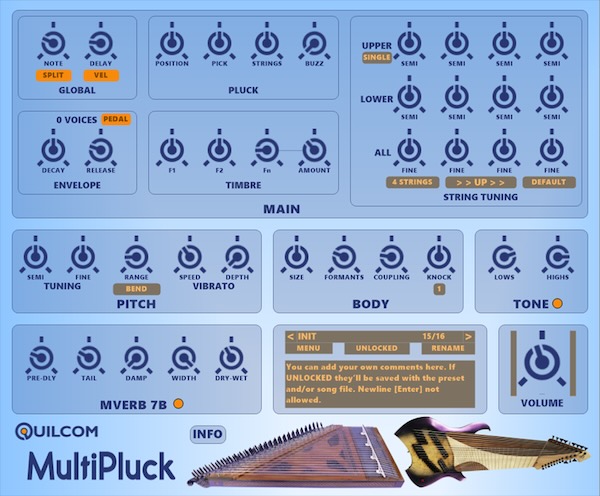 Quilcom「multiPluck」1音ごとに最大4本の弦を自由に設定、上下で異なるチューニングも可能な“空想上の弦楽器”を再現できる唯一無二のプラッキング音源|DTMプラグインセール