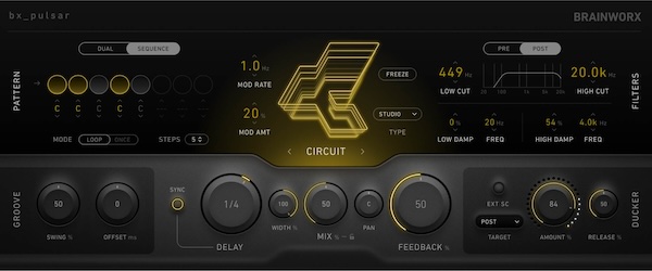 Brainworx「bx_pulsar」テープからグラニュラーまで5つのディレイモードを完備！多彩なステレオルーティングとカスタムタイム比で構築する立体的ディレイ空間｜DTMプラグインセール