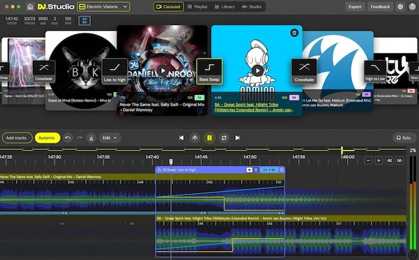 DJ.Studio「DJ.Studio」従来のDJミックスに革命！ハードウェア不要でノートパソコン1台完結する、20万人のDJが愛用するタイムライン・ベースの次世代ミックス制作環境｜DTMプラグインセール