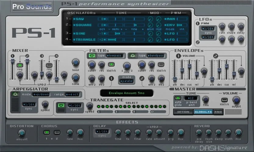 Pro-Sounds「PS-1 VSTi Synthesizer」往年の名作ソフトシンセが無料公開！4基のオシレーター、2基のマルチモードフィルター、アルペジエーターやトランスゲート、1000以上のプリセットを搭載した高機能VST音源｜DTMプラグインセール
