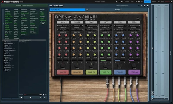 MeldaProduction「DreamMachines」100種キック・150種スネアを含む圧倒的サンプル・ボリュームで、チューブサチュレーション・コンプレッション・ディレイ/リバーブ搭載の本格アナログ・エミュレート・ドラムマシン｜DTMプラグインセール