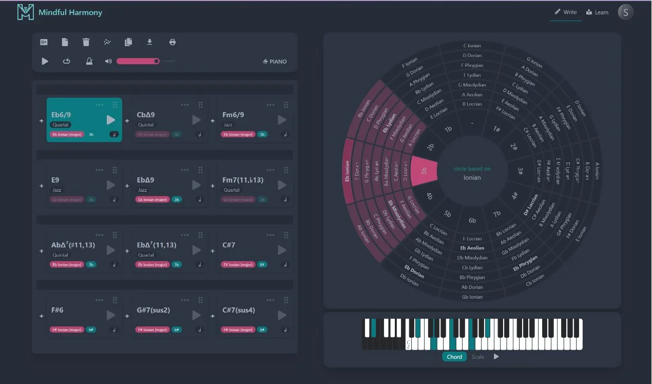 「Mindful Harmony」五度圏・コードファインダー・自動ボイスリーディング・モーダルインターチェンジを駆使！音楽理論をインタラクティブに学びながら、プロ顔負けのコード進行や転調を自在に生み出せるWeb作曲アプリ｜DTMプラグインセール