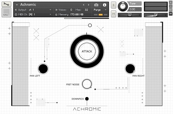 Iamlamprey「Achromic」メタルやハードコアのリフ作りに特化したKontaktギター音源!シンプル操作でパームミュートとサステインを瞬時に切り替え、リアルなピッキングアタックやフレットノイズまで完全再現できる即戦力ライブラリ|DTMプラグインセール