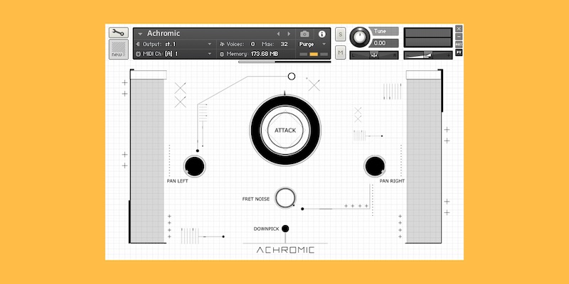 Iamlamprey「Achromic」メタルやハードコアのリフ作りに特化したKontaktギター音源!シンプル操作でパームミュートとサステインを瞬時に切り替え、リアルなピッキングアタックやフレットノイズまで完全再現できる即戦力ライブラリ|DTMプラグインセール