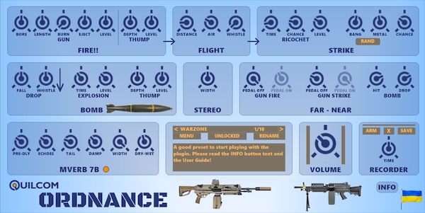 Quilcom「ORDNANCE」銃声やマシンガンの連射、爆発音まで自由に合成できる無料シンセサイザー!サンプル音源では得られないクリアで調整自在な武器音を作れる効果音制作向けVSTプラグイン|DTMプラグインセール