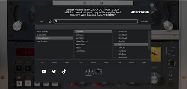Analog Legends「DeLorean VST/AU/AAX」デジタルでは出せない空気感を、誰でも簡単に加えられる！カセット、レコード、ラジオ、真空管などのビンテージ質感をブレンドして、音に深みと個性を与えるマスタリング・トーンマシン｜DTMプラグインセール