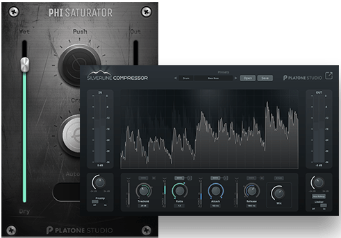 Platone Studio「Phi Saturator + Silverline Compressor Bundle」デジタル録音の冷たさを解消して温かみと立体感をプラス!初心者でも直感的に操作できるシンプルなインターフェースを備えつつ、プロの現場でも十分通用するサチュレーションとコンプレッションを融合した強力なプラグインバンドル|DTMプラグインセール