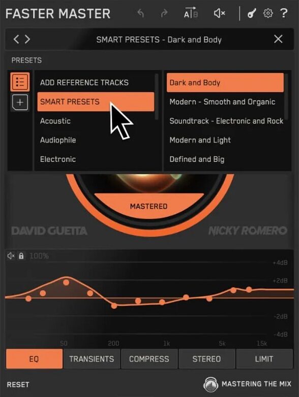 Mastering The Mix「FASTER MASTER」EQ、コンプ、リミッターまで自動で仕上げる!10種類のスマートプリセットで一気に完成度95%まで到達する話題のマスタリングプラグイン|DTMプラグインセール