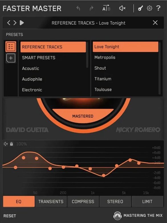 Mastering The Mix「FASTER MASTER」EQ、コンプ、リミッターまで自動で仕上げる!10種類のスマートプリセットで一気に完成度95%まで到達する話題のマスタリングプラグイン|DTMプラグインセール