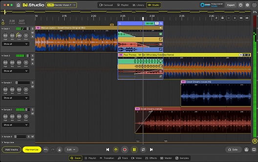 「DJ.Studio Ultimate」DJコントローラーも高価な機材も不要!タイムライン編集・自動キー調整・映像出力までできる、PC1台でプロ品質のDJミックス制作が誰でも可能な多機能ツール|DTMプラグインセール
