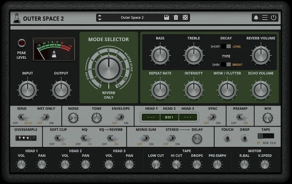 AudioThing「Outer Space 2」1974年登場の伝説Roland Space Echo RE-201を忠実エミュレート!3つの再生ヘッドとスプリングリバーブ・タンクを搭載した70年代初期ヴィンテージ・テープエコーの完全再現プラグイン|DTMプラグインセール