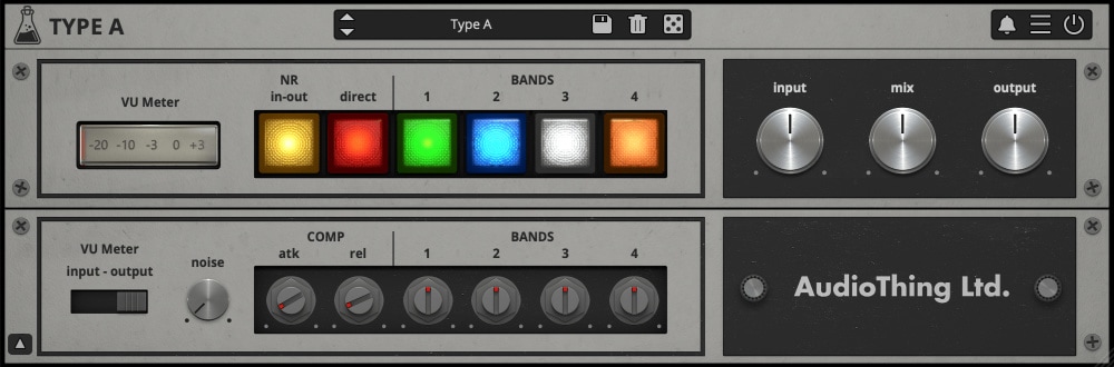AudioThing「Type A」1966年Dolby A301から1970年Dolby 361 CAT 22カードまで受け継がれた伝説のDolby® A Trickテクニックをプラグイン化!エンコード段階のみをエミュレートし高域を動的に増強するアーティファクト・フリー・エンハンサー|DTMプラグインセール