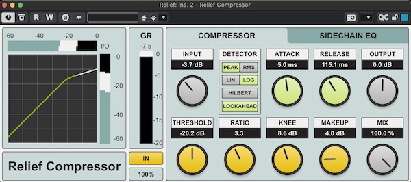 Kiriki-liszt「Relief Compressor」64ビット高精度処理・サイドチェインEQ・多彩な検出モード搭載で、トラックのミックスからマスタリングまで幅広く対応する高性能コンプレッサー|DTMプラグインセール