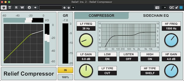 Kiriki-liszt「Relief Compressor」64ビット高精度処理・サイドチェインEQ・多彩な検出モード搭載で、トラックのミックスからマスタリングまで幅広く対応する高性能コンプレッサー|DTMプラグインセール