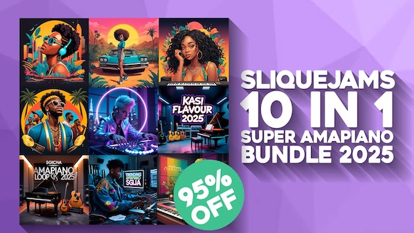 SLIQUEJAMS「10 in 1 SUPER AMAPIANO BUNDLE 2025」Amapiano制作のすべてがこの1本に詰まっている!10種類の高品質サンプルパックで、823のWAVループ・184のワンショット・45のMIDIを収録した音楽制作バンドル|DTMプラグインセール
