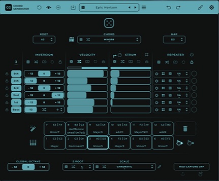 Mario Nieto World「Chord Generator」音楽理論が苦手でも複雑な和音が作れる！57種類のスケールと豊富なコードライブラリ、ストラムやリピーター機能を駆使して初心者からプロまでインスピレーションを広げられる万能MIDIプラグイン｜DTMプラグインセール