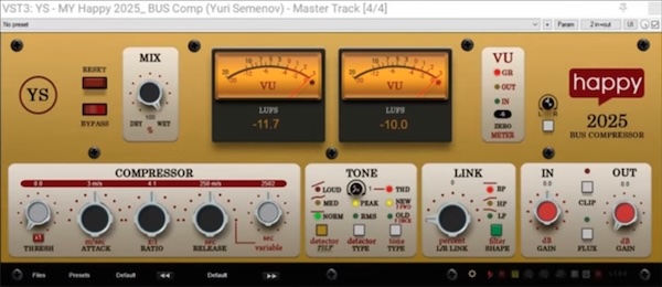 YS Plugins「YS - My Happy _BUS Compressor_v.1.0.1.」ミックスに自然なまとまりを与える！無料とは思えないサウンドの質感と軽量動作、初心者から上級者まで使いやすい高品質バスコンプレッサー｜DTMプラグインセール