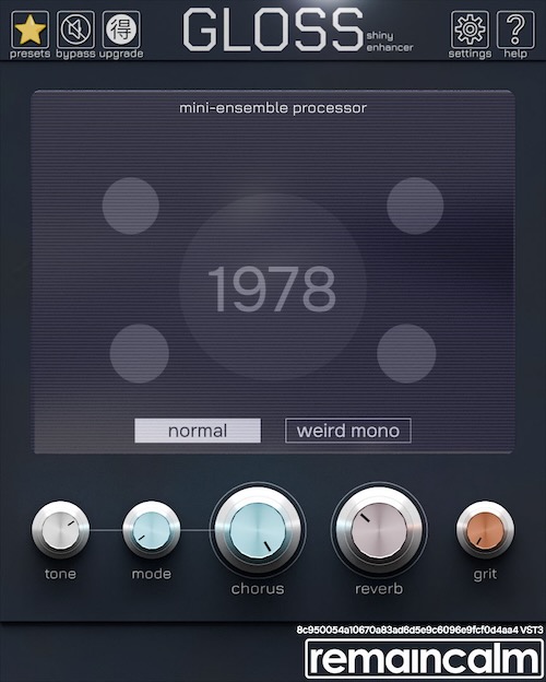 remaincalm「GLOSS」無料で使えるオーディオエフェクト!70年代ヴィンテージアンサンブルコーラスを2種類搭載し、ワンノブリバーブでシンセやアコースティックギター、ボーカルまで艶と奥行きを自在に加えられる万能エフェクト|DTMプラグインセール