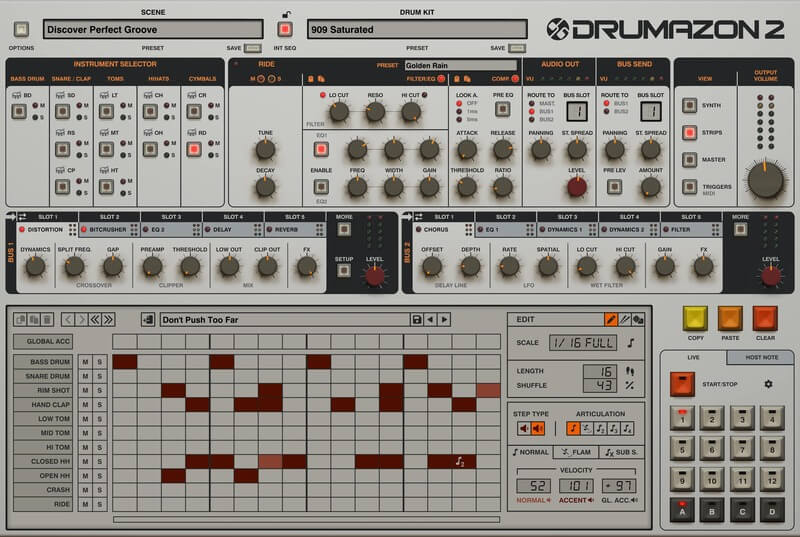 D16 Group「Drumazon 2」909エミュレーションの決定版！楽器別EQ&コンプレッション搭載で完璧サウンド追求、2系統バスエフェクトチェーンと多彩アルゴリズムで無限の創造的可能性を実現｜DTMプラグインセール
