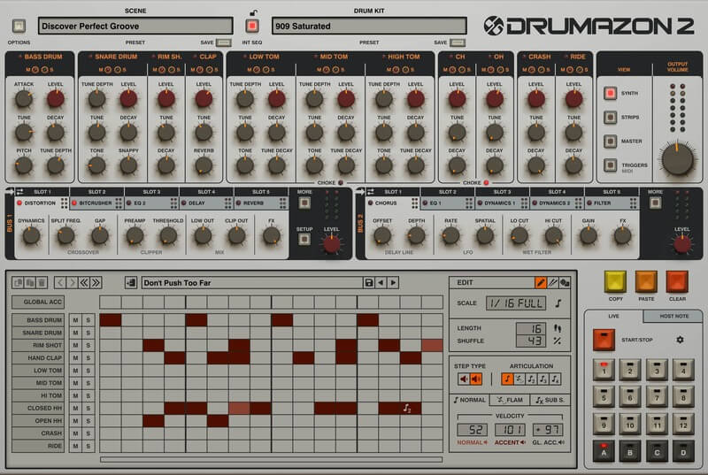 D16 Group「Drumazon 2」909エミュレーションの決定版！楽器別EQ&コンプレッション搭載で完璧サウンド追求、2系統バスエフェクトチェーンと多彩アルゴリズムで無限の創造的可能性を実現｜DTMプラグインセール