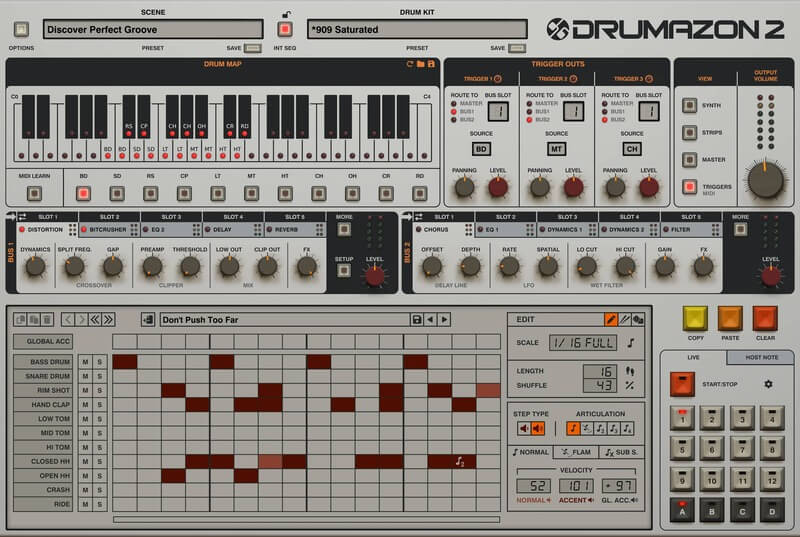 D16 Group「Drumazon 2」909エミュレーションの決定版！楽器別EQ&コンプレッション搭載で完璧サウンド追求、2系統バスエフェクトチェーンと多彩アルゴリズムで無限の創造的可能性を実現｜DTMプラグインセール